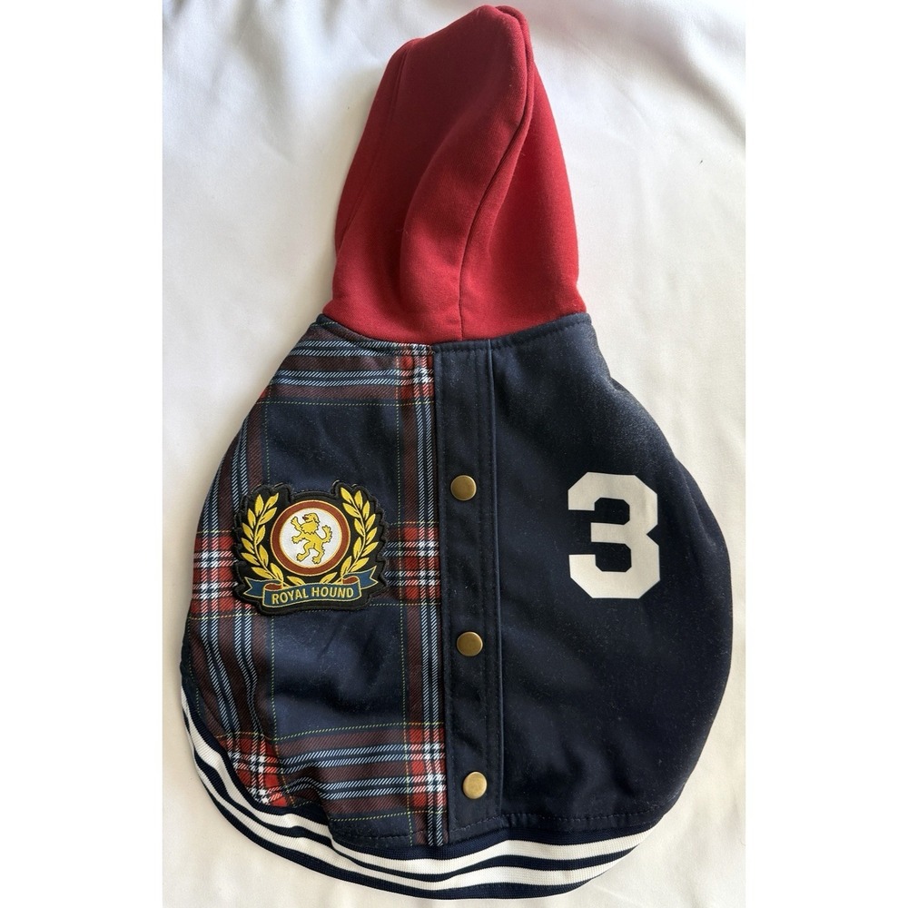Top Paw Royal Hound Dog Warm Hoodie Jacket Navy Red Plaid Size Small Pet